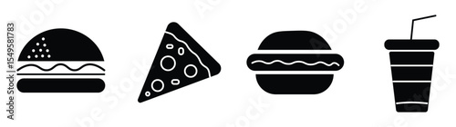 Fast food icon set. Burger sandwich pizza hot dog cola coffee sweets. fast food thin line icons. vector illustration on white background
