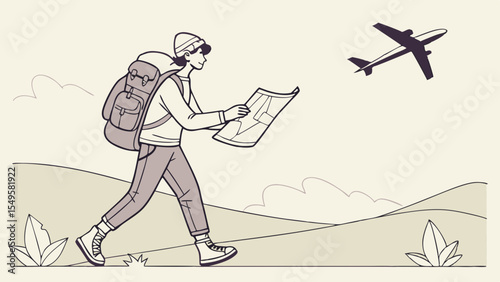 Traveler with Backpack and Map Airplane Flying Overhead.