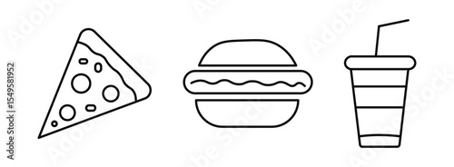 Fast food icon set. Burger sandwich pizza hot dog cola coffee sweets. fast food thin line icons. vector illustration on white background

