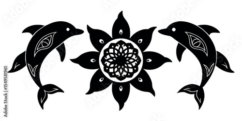 Happy Cartoon Dolphin and Mandala Flower, Black and White
