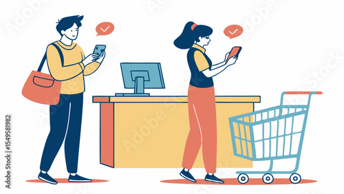 Two people using mobile phones at a checkout counter.