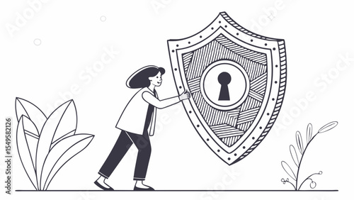 Woman holding a large shield with keyhole line art illustration.