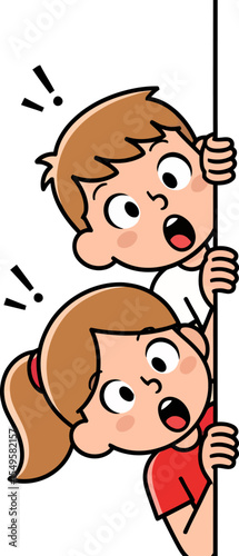Curious Kids Peeking Around Corner Cartoon Illustration of Children's Playful Inquisitiveness