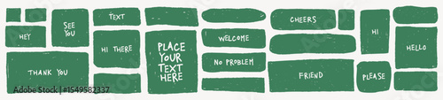 Green crayon speech blocks in irregular shapes for school boards, chalk kid graphics, editable notes, children’s quotes.  Rough text box form fits classroom elements, learning materials.