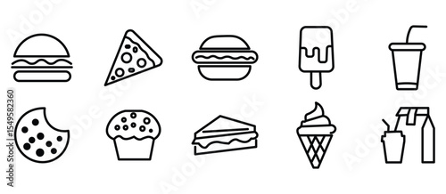 Fast food icon set. Burger sandwich pizza hot dog cola coffee sweets. fast food thin line icons. vector illustration on white background
