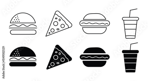 Fast food icon set. Burger sandwich pizza hot dog cola coffee sweets. fast food thin line icons. vector illustration on white background
