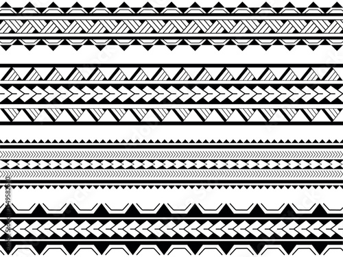 Set of Maori Polynesian tattoo bracelets border. Tribal sleeve seamless pattern vector. Samoan bracelet tattoo design fore arm or foot.  Gorizontal pattern