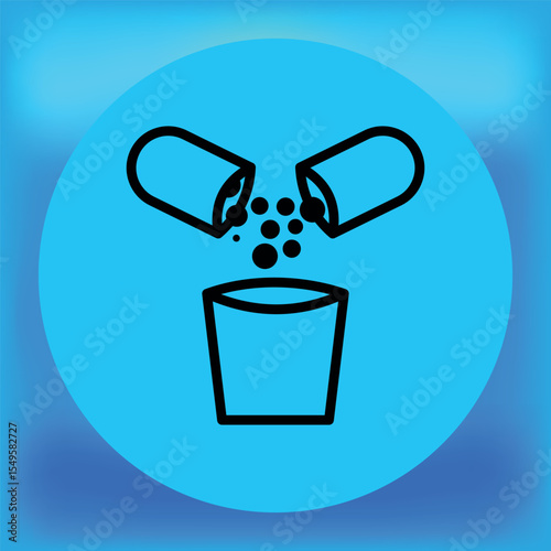 Minimalist illustration of an open capsule pouring contents into a cup on a blue circle background—perfect for medicine, supplements, or healthcare preparation themes.