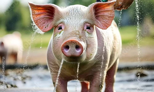 A pig is being hosed down droplets of water are hitting the pig