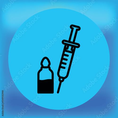 Black syringe and ampoule icon on blue background, representing injection, vaccination, or medical treatment in a simple and modern graphic style.