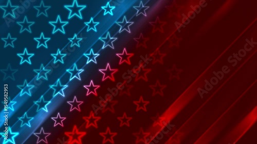 Blue red glowing neon USA flag abstract striped background. Seamless looping Independence Day motion design. Video animation Ultra HD 4K 3840x2160