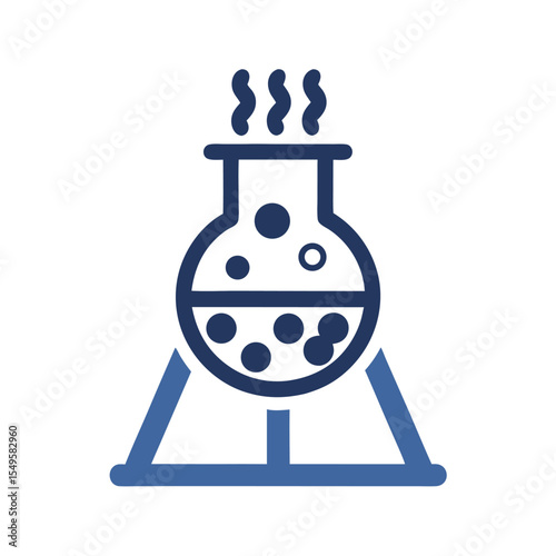 Blue Erlenmeyer Flask with Boiling Liquid and Particles on a Stand Isolated on White Background