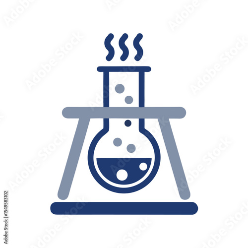 Blue Round Bottom Flask on Stand with Steam Bubbles Isolated on White Background Science Experiment Chemistry Lab Icon