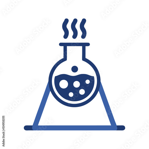 Blue Erlenmeyer Flask with Boiling Liquid on a Simple Stand Isolated on White Background