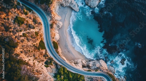 Winding road hugs coastal cove