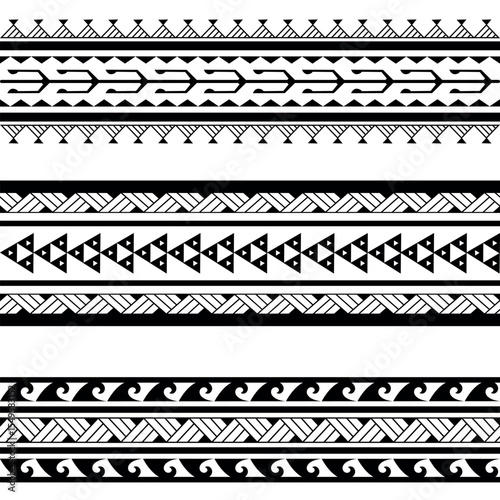 Set of Maori Polynesian tattoo bracelets border. Tribal sleeve seamless pattern vector. Samoan bracelet tattoo design fore arm or foot.  Gorizontal pattern