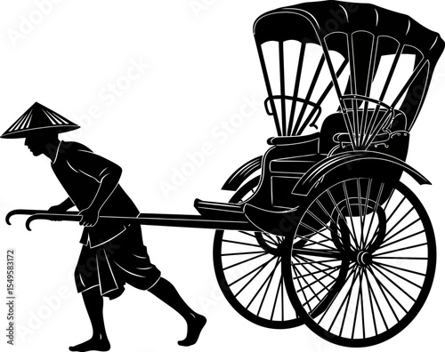 Vintage Black and White Silhouette of a Rickshaw Puller and Passenger Vehicle