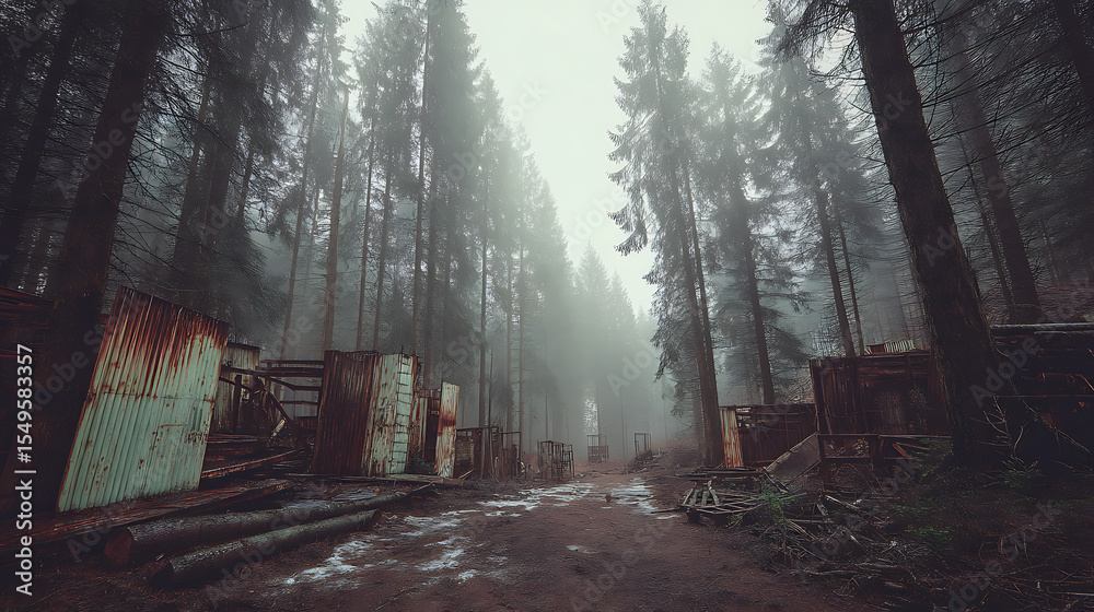 Obraz premium Misty forest clearing with abandoned structures