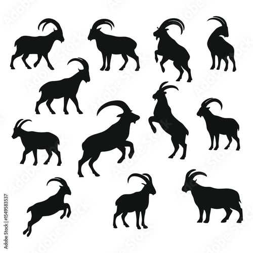 Collection of twelve black silhouette illustrations of goats in various poses on a white background