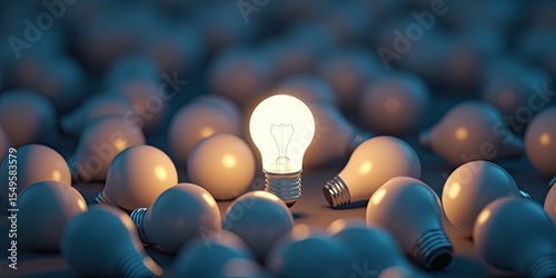 Illuminated lightbulb amidst many unlit bulbs