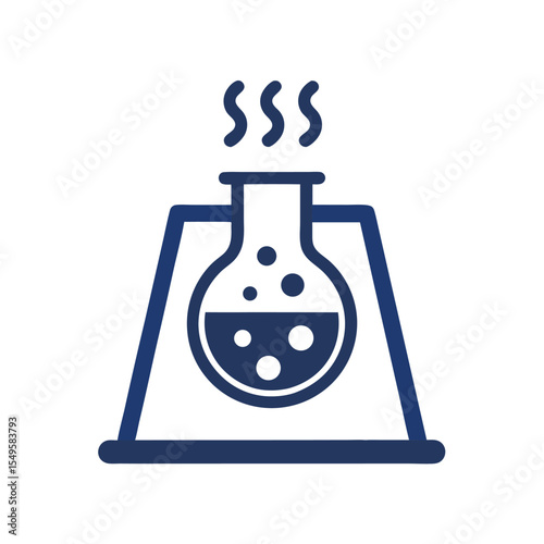Dark Blue Erlenmeyer Flask with Boiling Liquid on a Simple Stand Isolated on White Background
