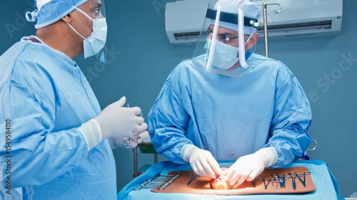 Surgeon performing surgery in a sterile operating room.  

