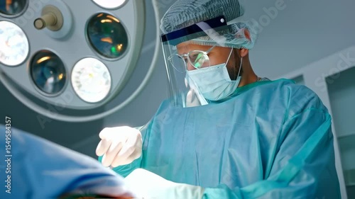 Surgeon performing surgery in a sterile operating room.  
