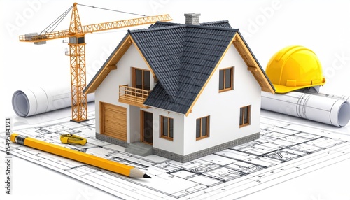 House Construction Project with Blueprint, Crane, and Hardhat Architectural Design