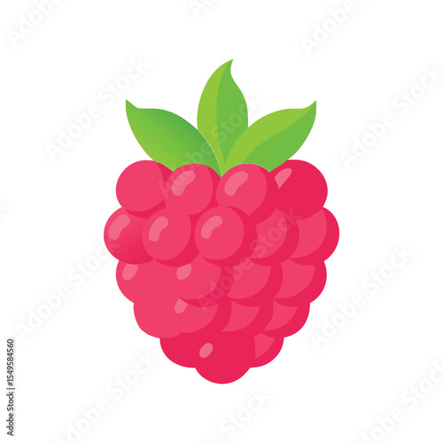 Delicious Fresh Raspberry Berry Fruit Flat Vector Icon with Leaves


