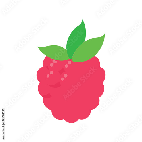 Delicious Fresh Raspberry Berry Fruit Flat Vector Icon with Leaves

