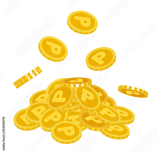 ポイントがザクザクたまってコインが重なっているイラスト(貯金 円 貯まる キャンペーン 販促 お得 ポイ活 ベクター 編集可能)