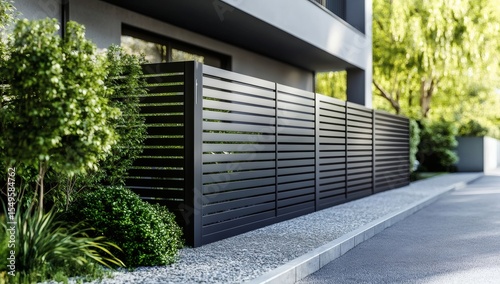 Black modern metal fence with shutters blinds.