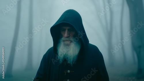 Elderly man with long gray beard in black hooded robe walking through a misty forest.  
