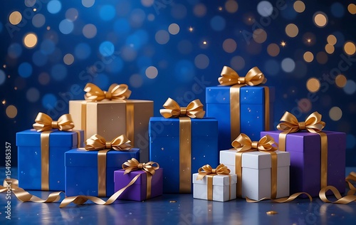 Gift boxes with gold ribbon on a dark blue background. A festive arrangement of gift boxes in various shades of blue, purple, and white, adorned with gold ribbons and bows.