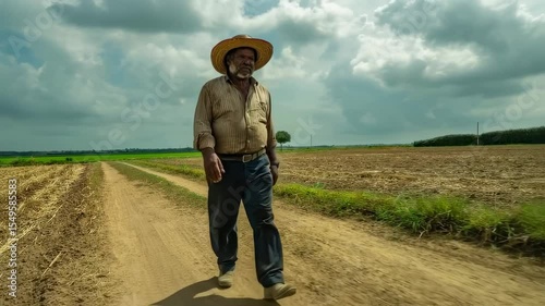Bearded elderly farmer in straw hat and work shirt posing outdoors.  
