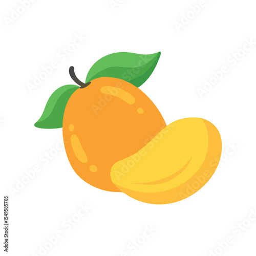 Sweet Tropical Mango Fruit with Sliced Piece Flat Vector Icon