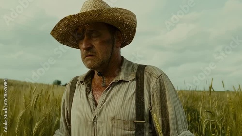Bearded elderly farmer in straw hat and work shirt posing outdoors.  
