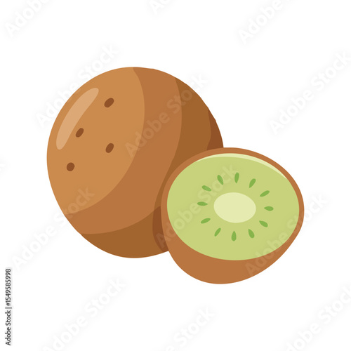Whole and Sliced Kiwi Fruit with Leaves Vector Illustration