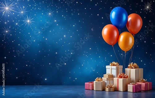 Festive Gift Balloons Against a Starry Night Background. A vibrant image showcasing a collection of gifts with colorful balloons against a starry night backdrop.