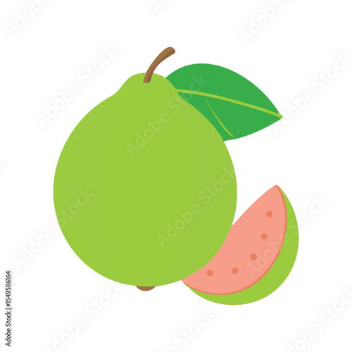 Whole and Halved Guava Fruit with Green Leaves Vector Illustration