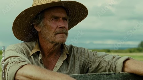 Bearded elderly farmer in straw hat and work shirt posing outdoors.  
