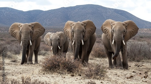 Four elephants in savanna, facing forward