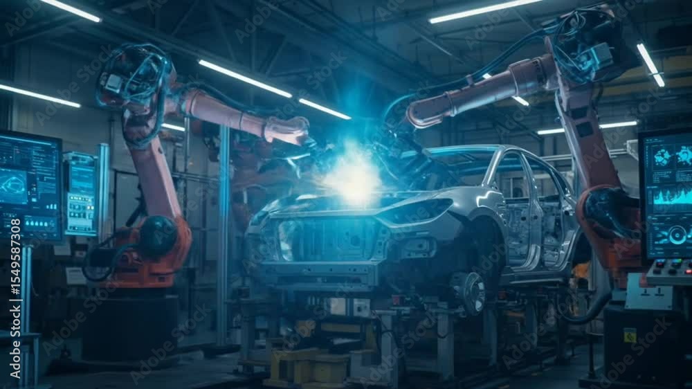 Robotic arms assembling car chassis with bright welding sparks in factory. Automotive manufacturing concept