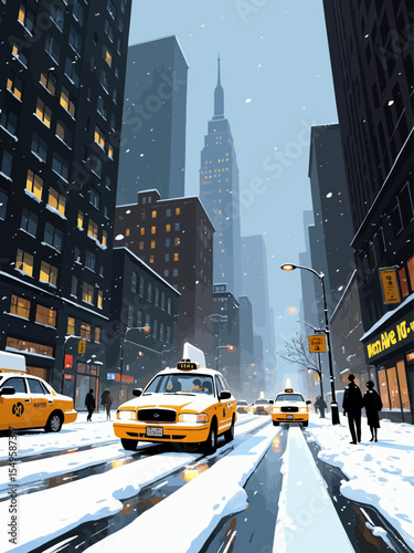 Taxis drive down a snow covered 5th Avenue during a winter nor'easter storm in New York City 