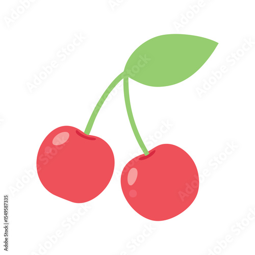 Two Sweet Red Cherries with Green Stem and Leaf Vector Illustration