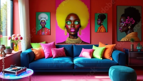Vibrant living room with bold artwork and colorful furnishings.