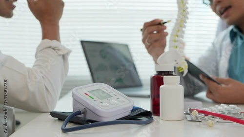 Male patient complaining of back pain listens to the clinic, focusing on physical therapy, spine doctors for rehabilitation, counseling and exercise, health care and those who are with the patient to 