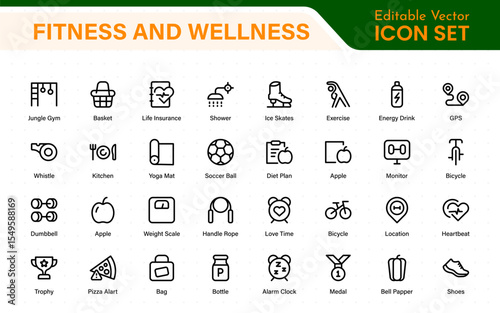 Set of fitness and wellness related line icons, wellbeing, mental health, healthcare, cosmetics, spa, medical. Outline icon collection.