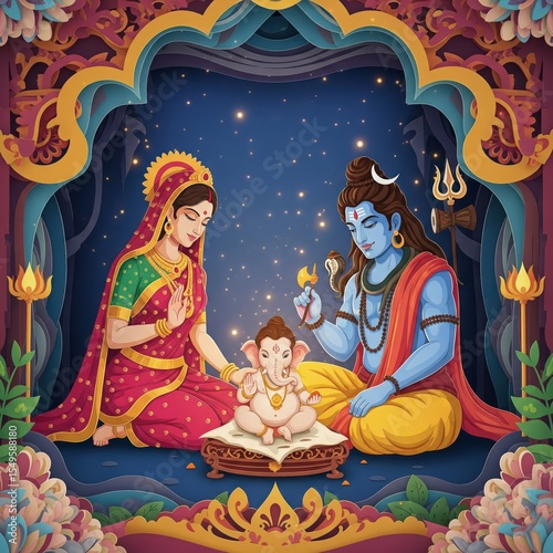 A beautiful papercraft diorama of the holy family in Hinduism, showing Shiva and Parvati with the infant Lord Ganesha

