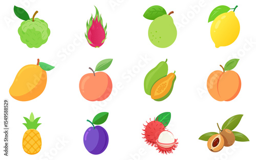 Exotic and classic fruit flat vector set – vibrant icons for tropical recipes, food packaging, and educational use